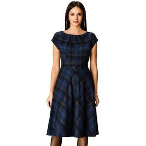 eShakti Pleat Neck Cotton Plaid Dress Blue/Black Sz 3X